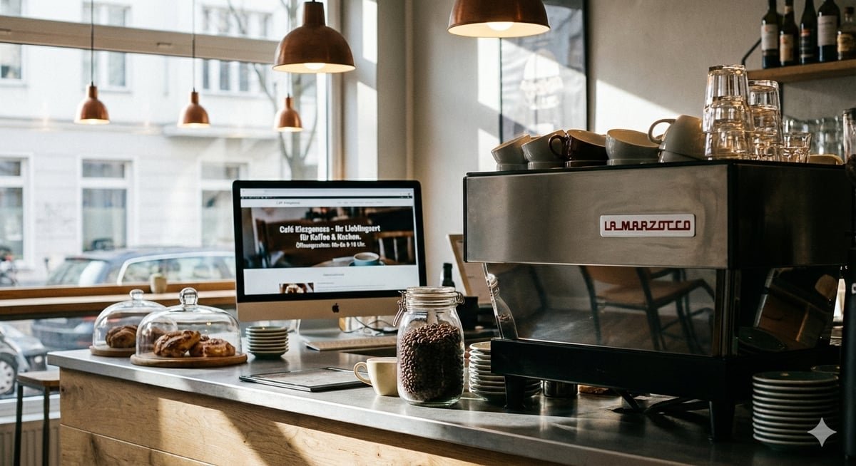Website eines Cafés auf einem Bildschirm hinter der Theke